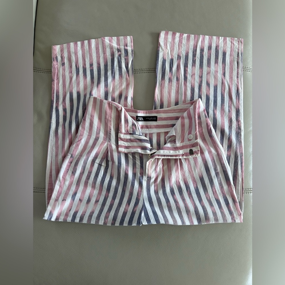 Zara Pink and Grey/White Striped Garment Straight Wide Legs - 100%cotton
